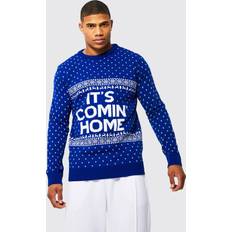 Christmas Sweaters - Men boohooMAN Mens It'S Comin Home Christmas Sweater Blue