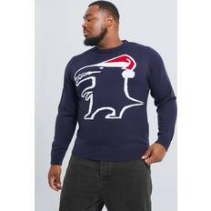 Christmas Sweaters - Men boohooMAN Mens Plus Dino Stencil Christmas Sweater Navy