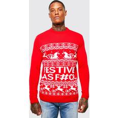 Christmas Sweaters - Men boohooMAN Mens Festive Slogan Christmas Sweater Red