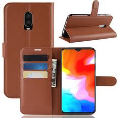 OnePlus Plånboksfodral OnePlus 6T litchi skin leather flip case Brown