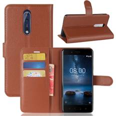 Nokia 8 Skinn fodral med plånbok Brun