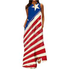 Dresses jsarle Floral Maxi Dresses Women's 4th of July American Flag Long Dress Summer Loose Sleeveless Pockets Tank Dress Patriotic Red