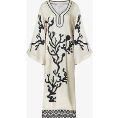 By Malina Malina Manon Reef Print Satin Kaftan Dress, Cream/Black