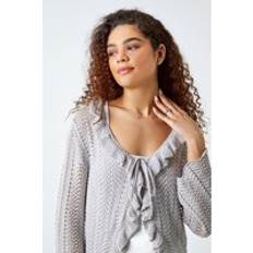 Silver Cardigans Roman Pointelle Knit Frill Trim Cardigan Silver