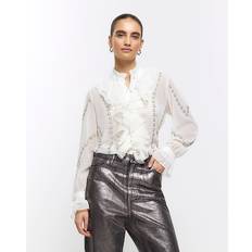 Short Blouses River Island Womens Cream Pearl Stud Frill Blouse