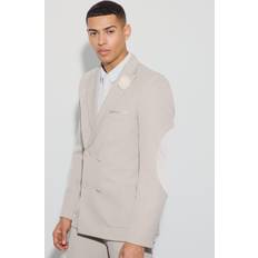 Beige - Men Blazers boohooMAN Mens Textured Double Breasted Elbow Patch Blazer Beige