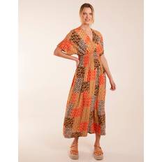 Blue Vanilla Abstract Pattern V Neck Midi Dress ORANGE