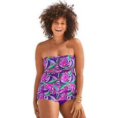 Purple Tankinis Swimsuits For All Plus Women's Smocked Bandeau Tankini Top in Purple Leaves Size 24