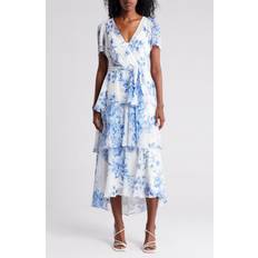 Calvin Klein Long Dresses Calvin Klein Floral Short Sleeve Tiered Chiffon Maxi Dress in Chambray Multi