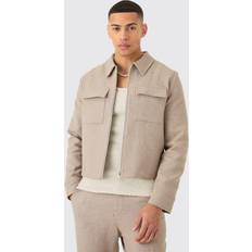 boohooMAN Mens Textured Cotton Jacquard Smart Cargo Jacket Beige