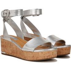 Damen - Silbrig Espadrilles Franco Sarto Shoes Presley Cork Wedge Sandal Silver Faux Leather 6.0 Round Toe, Ankle Strap, Buckle Closure Silver Faux Leather 6.0