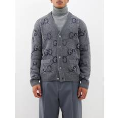 Gucci Cardigans Gucci Distressed Gg Supreme-intarsia Wool-blend Cardigan Mens Grey