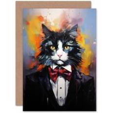 Baby Shower Cards & Invitations ARTERY8 Tuxedo Cat Lover Gift Black White Pet Portrait Artwork Painting Sealed Greeting Card Plus Envelope Blank inside Multi One Size