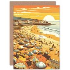 Cheap Cards & Invitations ARTERY8 Summer Sunset at Busy Sandy Promenade Beach Travel Birthday Sealed Greetings Card Multi One Size