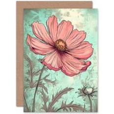 Pink Cards & Invitations ARTERY8 Cosmos Flower Soft Pink Teal Watercolour Mothers Day Blank Greeting Card Multi One Size