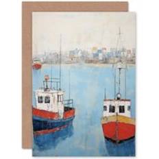 Cards & Invitations ARTERY8 Trailer Trawler Boats in Harbour Birthday Thank You Blank Greeting Card Blue One Size