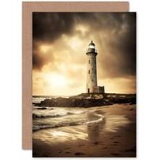 Beige Cards & Invitations ARTERY8 Sepia Seascape Lighthouse Sympathy Thinking of You Get Well Blank Greeting Card Beige One Size