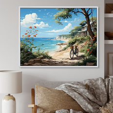 Interior Details Design Art "Turquoise Seaside Trek " Bicycle Canvas Print Green,Blue Framed Art