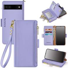 Wallet Cases Antsturdy Google Pixel 6a case Wallet with Card Holder for Women Men,Google Pixel 6a Phone case RFID Blocking PU Leather Flip Shockproof Cover with Strap Zipper Credit Card Slots,Light Purple