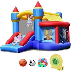 Jumping Toys Costway Castle Slide Inflatable Bounce House with Ball Pit and Basketball Hoop