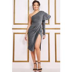 Silver Dresses Goddiva One Sleeve Frill Sparkling Midi Dress Silver