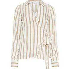 LTS Tall Stripe Collared Wrap Top Light Beige