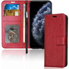 Apple iPhone 11 Pro Max Wallet Cases TechGear iPhone 11 Pro Max Leather Wallet Case Protective Flip Cover with Card Slots, Kickstand and Wrist Strap, Red PU