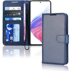 Blue Wallet Cases TechGear Galaxy A53 5G Leather Wallet Case, Flip Protective Case Cover with Wallet Card Holder, Stand and Wrist Strap Blue PU Leather with Magnetic