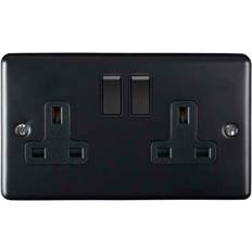 Black Electrical Outlets Loops 2 Gang Double UK Plug Socket MATT BLACK 13A Switched Mains Wall Power Outlet