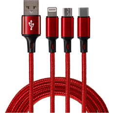 Maplin 3-in-1 USB-A to USB-C Lightning Micro USB Braided Charging Cable 1.2m Red