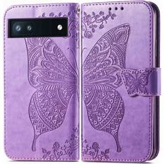 Wallet Cases MEUPZZK for Google Pixel 6A Wallet Case, Embossed Butterfly Premium PU Leather [Kickstand] [Card Slots] [Wrist Strap] [Folio Flip] [6.1 inch] Phone Cover for Pixel 6A A-Lavender