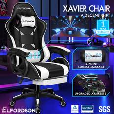 White Gaming Chairs ELFORDSON Gaming Office Chair Racing Massage Computer Seat Footrest Leather White