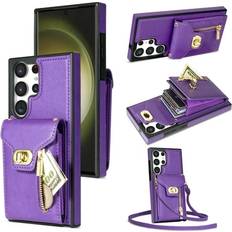 Wallet Cases ELEHOLD for Samsung Galaxy S22 Ultra Zipper Pocket Case Flip PU Leather Wallet Crossbody Shoulder Strap Lanyard Case with Credit Card Holder Women RFID Blocking Protective Purse Cover purple