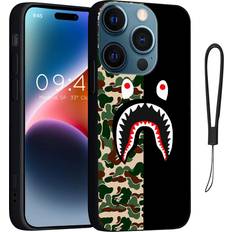 Mobile Phone Cases Shark Face Compatible with iPhone 14 Pro Max Case, Cute Camo Shark Case for Boys Girls Men, Shockproof Soft TPU Cases Designed for iPhone 14 Pro Max with 6.7 inch, Comes with Lanyard Black Green