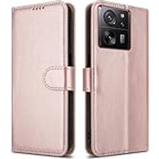 PIXFAB för Xiaomi 13T/13T Pro läder telefonfodral, magnetisk stängning, fullt skydd bok folio design, plånboksfodral [kortplatser] och [stativ] för Xiaomi 13T/13 T Pro – roséguld