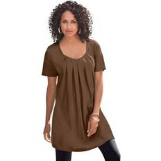 Brown - Women Blouses Roaman's Plus Pleatneck Ultimate Tunic by in Chocolate Size 5X Long Shirt