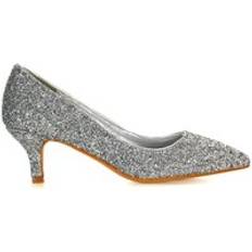 XY London 'Gwyneth' Pointed Toe Mid Stiletto Kitten Heel Court Shoes Silver