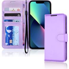 iPhone 13 Leather Wallet Case, Flip Protective Case Cover with Wallet Card Holder, Stand and Wrist Strap Purple PU
