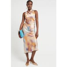 River Island Womens Orange Satin Halter Cowl Neck Midi Dress