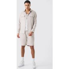 L - Mies Puvut boohooMAN Soft Twill Overshirt And Short Set - Pale Grey