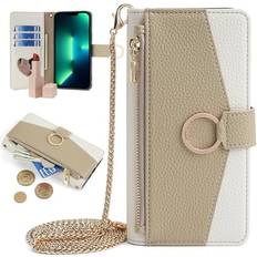 Wallet Cases ELEHOLD for Samsung Galaxy S10 Leather Wallet Case with Card Slots Cash Pocket Zipper Purse Hidden Mirror Luxury Crossbody Metal Chain Strap Wallet Case for Women Girls white