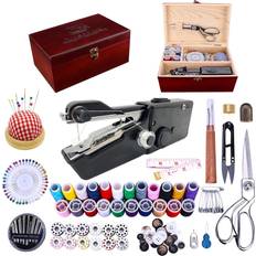 Sewing Machines Brightlylit HandHeld Wooden Sewing Box with Sewing Supplies 153pcs