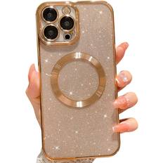 MGQILING Compatible with iPhone 12 Pro Max Magnetic Glitter Case, Luxury Plating Cute Bling Clear Phone Case, Compatible with MagSafe for Women Girls with Camera Protector Back Cover Gold