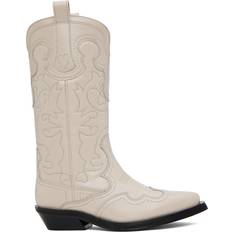 Beige - Damen Reitschuhe Ganni Mid Shaft Embroidered Western Boots - Egret