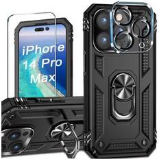 Mobile Phone Covers HD Accessory Military Grade Finger Loop Case with 360° Rotating Ring Grip Kickstand Tempered Glass Screen and Camera Lens Protector for iPhone 14 Pro Max Black