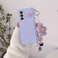 ORBANA För Samsung Galaxy Z Fold 5 4 3 5G Mode Söt Stickad Blomma Handkedja Lila Gångjärn Helt skyddande Telefonfodral Skal, Lavendel, för Galaxy Z Fold 4