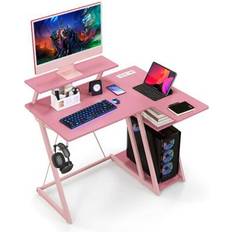 Costway L Shaped Gaming Desk with Outlets and USB Ports-Pink