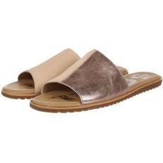 Sorel Slides Sorel Women's Ella Block Slide Metallic Suede Sandals Natural Tan