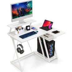 White Gaming Desks Costway L Shaped Gaming Desk with Outlets and USB Ports-White