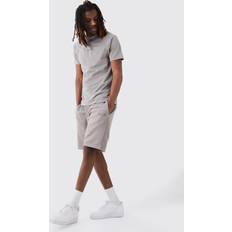 Pakken boohooMAN Roman Neck Rib Slim T-shirt And Shorts Set - Charcoal